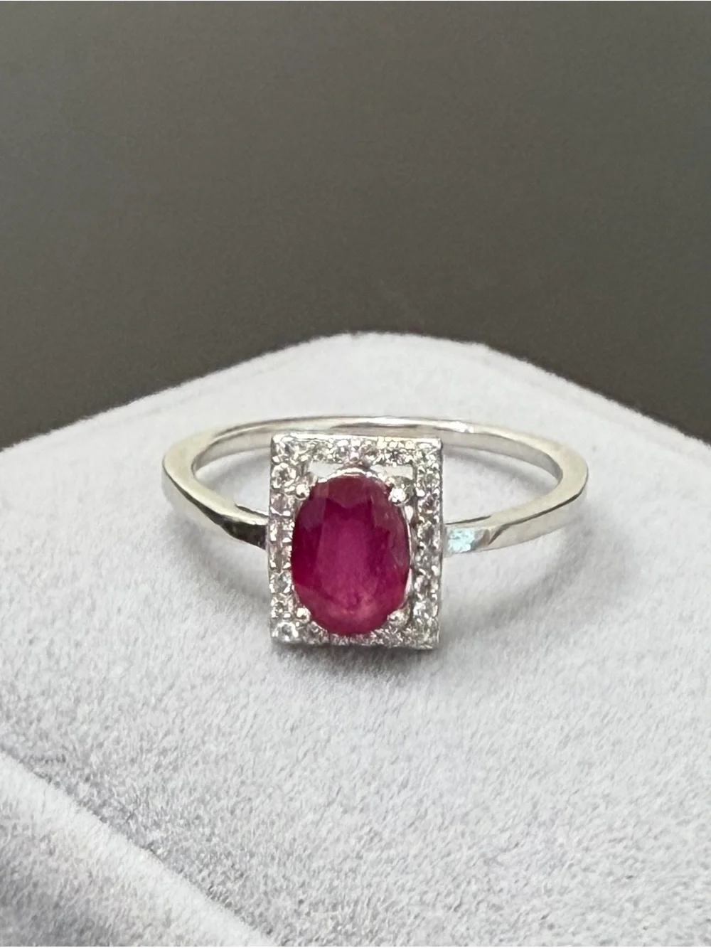 Stunning Natural Red Ruby .90CT w/ Rectangle Halo 925 Sterling Silver Sz 6.75